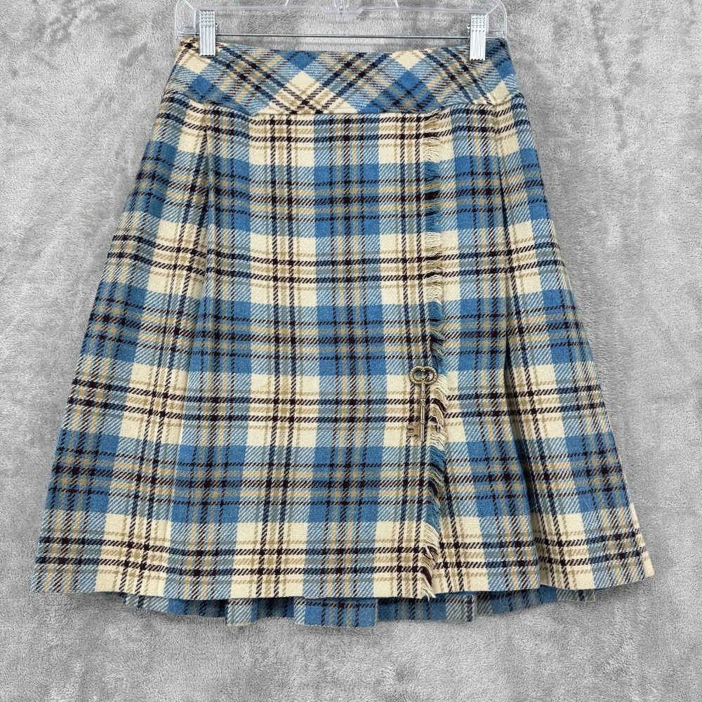 Vintage Juniorite Skirt Womens XS Wool Plaid Preppy Pleated Academia Fringe Blue